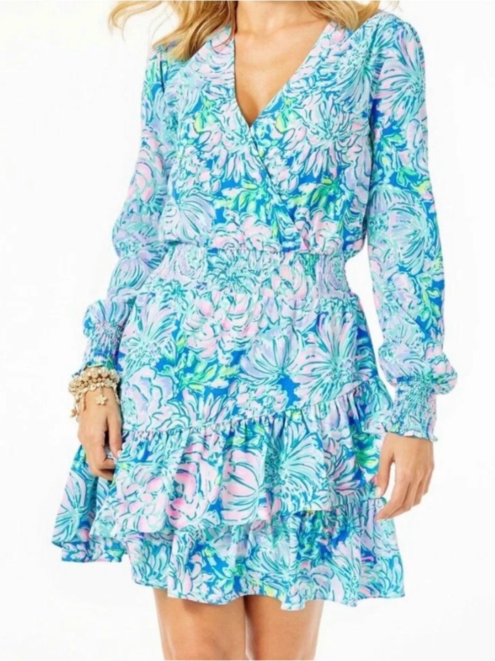 Lilly Pulitzer Christiana Multi In Full Bloom Smocked Stretch Dress Size 14